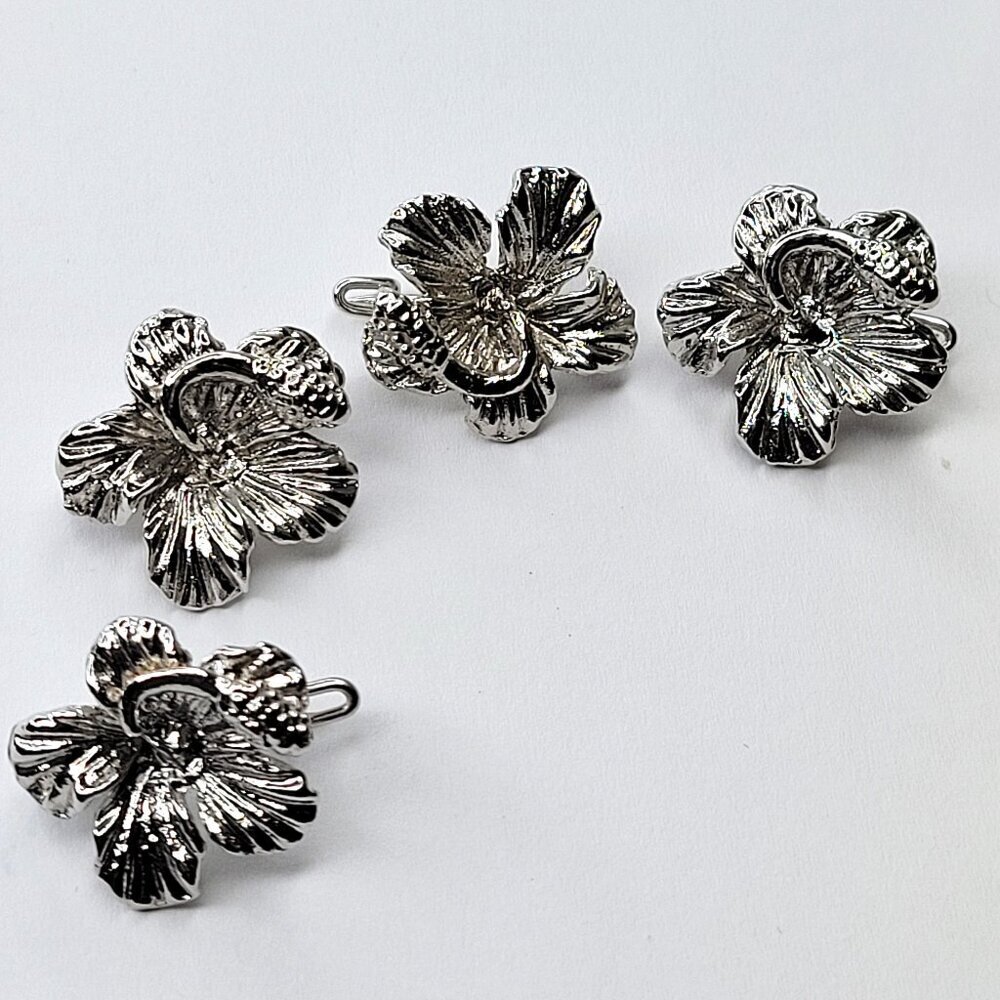 Four Mini Flower Brooch Pins Rhodium Plated Hibiscus Flower Pins - Set of 4 Pins